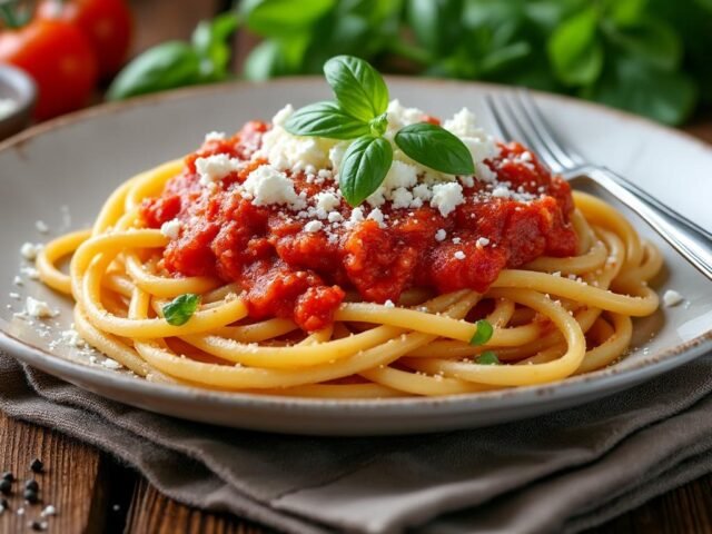 Pâtes à la sauce tomate et ricotta salée