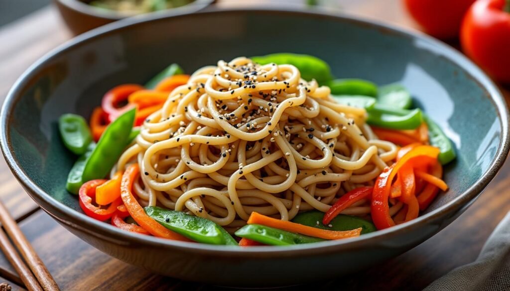 découvrez une recette savoureuse de pâtes soba au sésame, accompagnées de légumes croquants pour un plat sain, équilibré et plein de saveurs asiatiques. idéal pour un repas léger et gourmand.
