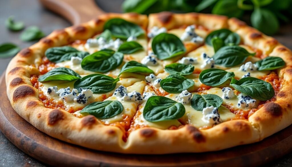 découvrez notre délicieuse pizza aux épinards et fromage bleu, un mariage parfait entre la douceur des épinards frais et le goût puissant du fromage bleu. un plat savoureux qui ravira les amateurs de pizza à la recherche d'une expérience culinaire unique et gourmande. à déguster sans modération !