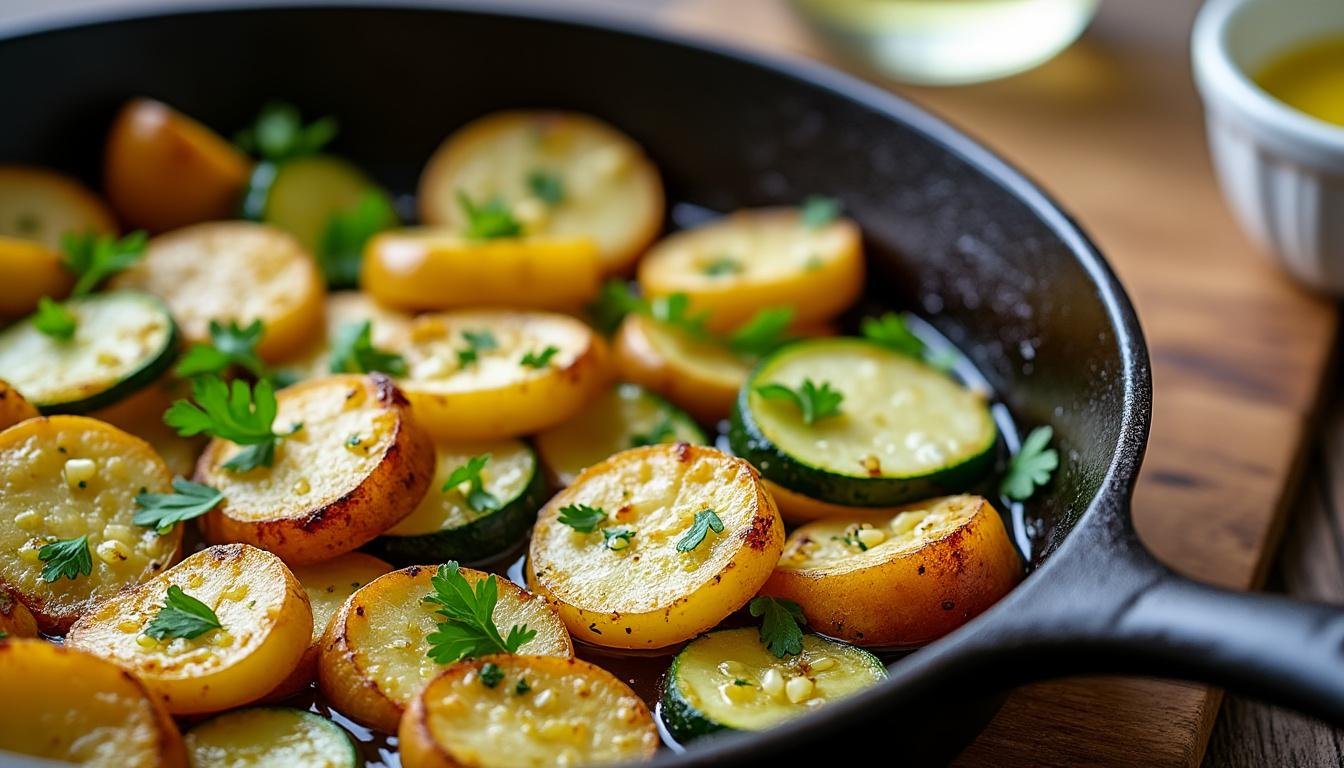 découvrez une délicieuse poêlée de pommes de terre et courgettes à l'ail, un plat savoureux et réconfortant. idéal pour accompagner vos viandes ou à déguster en plat végétarien, cette recette simple et rapide met en avant des ingrédients frais pour un repas plein de goût.
