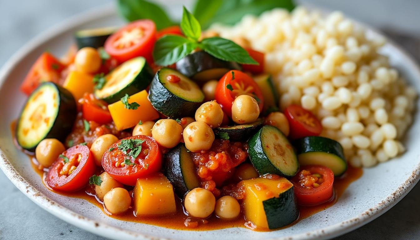 découvrez une délicieuse version de la ratatouille traditionnelle, revisitée avec des pois chiches pour une touche originale et nutritive. cette recette savoureuse mélange les légumes de saison avec des protéines végétales, parfaite pour un repas chaleureux et équilibré.