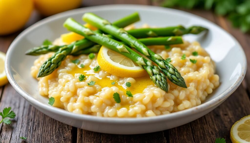 découvrez une délicieuse recette de risotto au citron et asperges vertes. ce plat crémeux et frais allie le zeste acidulé du citron à la tendresse des asperges, pour une expérience culinaire savoureuse et raffinée. parfait pour impressionner vos invités ou pour un dîner entre amis !