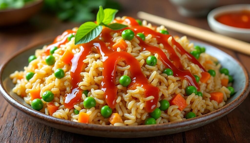 découvrez notre recette savoureuse de riz frit aux légumes, rehaussée d'une délicieuse sauce chili douce. un plat rapide, coloré et plein de saveurs, parfait pour un repas équilibré et gourmand !