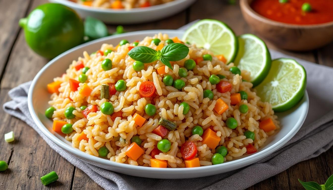 découvrez notre recette de riz frit aux légumes, savoureuse et facile à préparer, accompagnée d'une délicieuse sauce chili douce pour un repas équilibré et plein de saveurs.