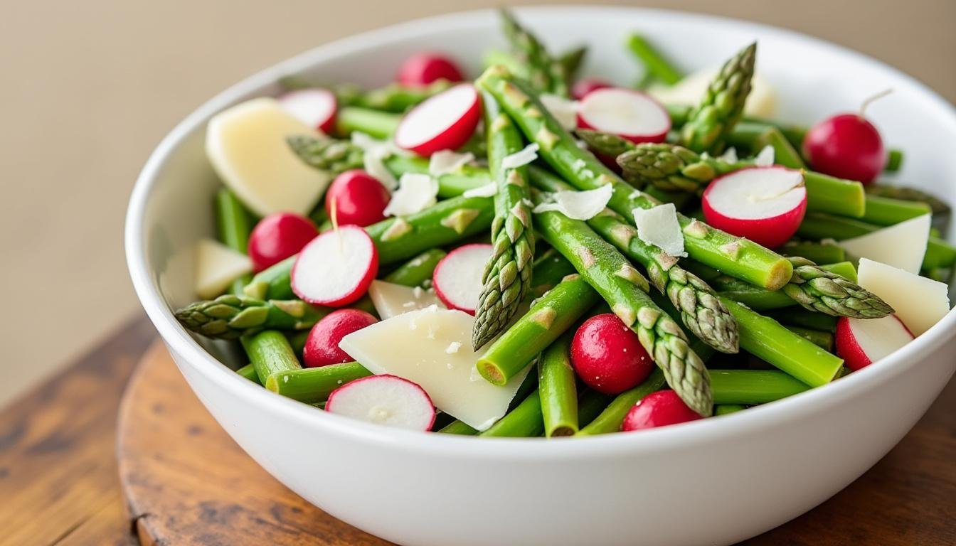 découvrez une savoureuse salade d’asperges, radis et parmesan : fraîcheur, croquant et raffinement réunis pour une entrée printanière facile à préparer et pleine de saveurs.