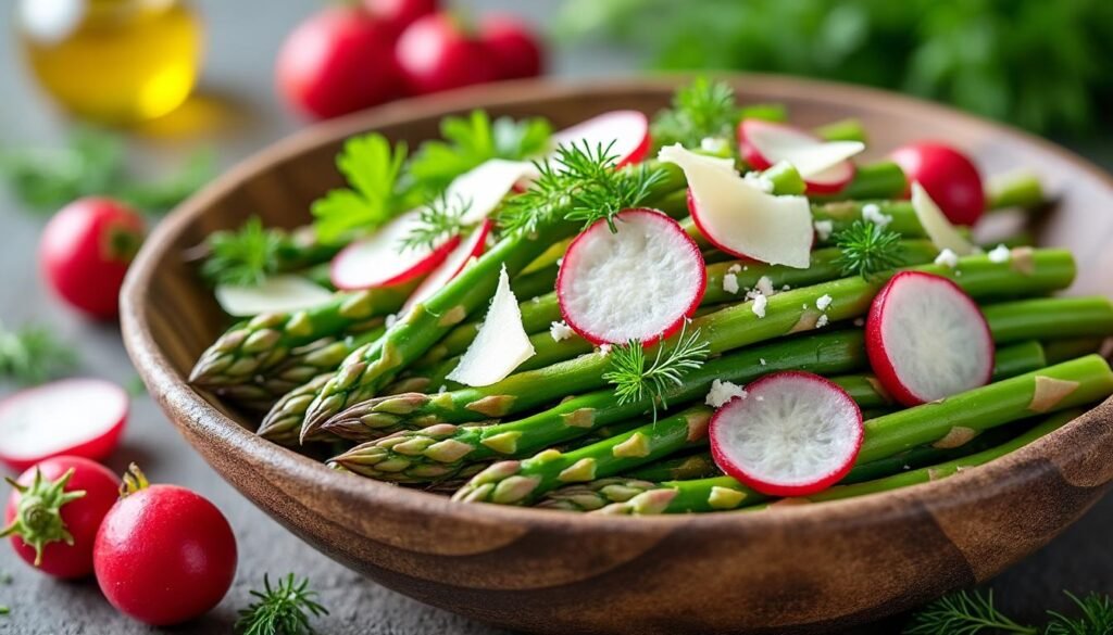 découvrez une salade fraîche et printanière associant asperges croquantes, radis colorés et copeaux de parmesan, parfaite pour un repas léger et savoureux.