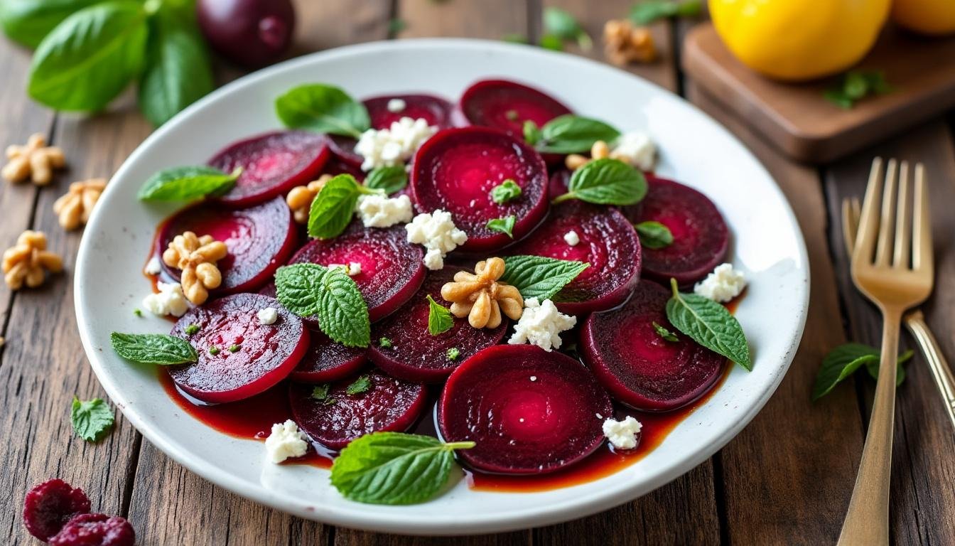 découvrez une délicieuse salade de betteraves marinées accompagnée de feta. un plat frais, coloré et savoureux, parfait en entrée ou pour un repas léger et équilibré. facile à préparer et plein de saveurs !