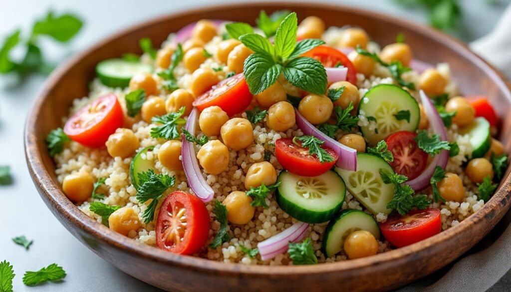 découvrez notre délicieuse salade de boulgour et pois chiches grillés, un plat sain et savoureux, idéal pour un déjeuner léger ou un accompagnement. équilibrée et pleine de saveurs, elle allie les protéines des pois chiches et les bienfaits du boulgour pour une expérience culinaire inoubliable.