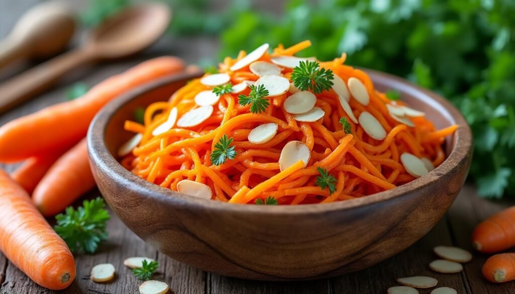 découvrez notre délicieuse salade de carottes râpées agrémentée d'amandes effilées croquantes. cette recette fraîche et saine est parfaite en entrée ou en accompagnement, alliant le croquant des carottes à la douceur des amandes. idéale pour un repas léger et plein de saveurs !