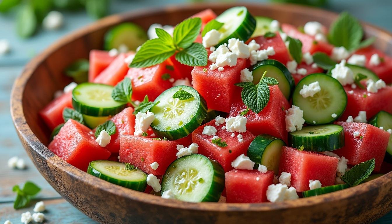 découvrez notre délicieuse recette de salade de concombre, pastèque et feta, un mélange rafraîchissant et savoureux parfait pour l'été. idéale pour accompagner vos barbecues ou à déguster en entrée, cette salade allie la douceur de la pastèque à la fraîcheur du concombre et au goût unique de la feta. un plat léger et coloré qui ravira vos papilles!