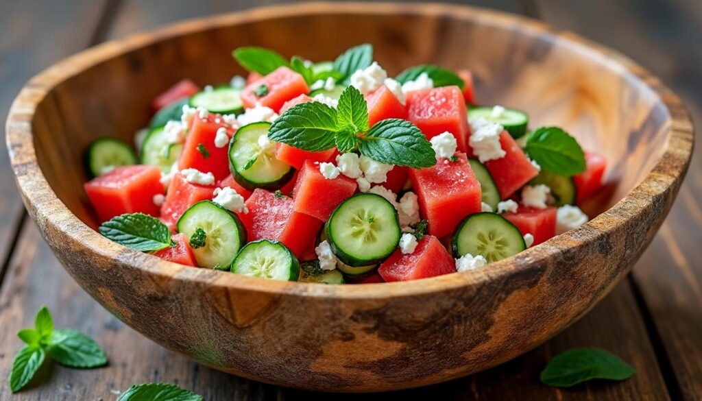 découvrez une délicieuse recette fraîche et légère de salade alliant le croquant du concombre, la douceur de la pastèque et la saveur salée de la feta. parfaite pour l'été, cette salade colorée est idéale en entrée ou en accompagnement pour vos barbecues.