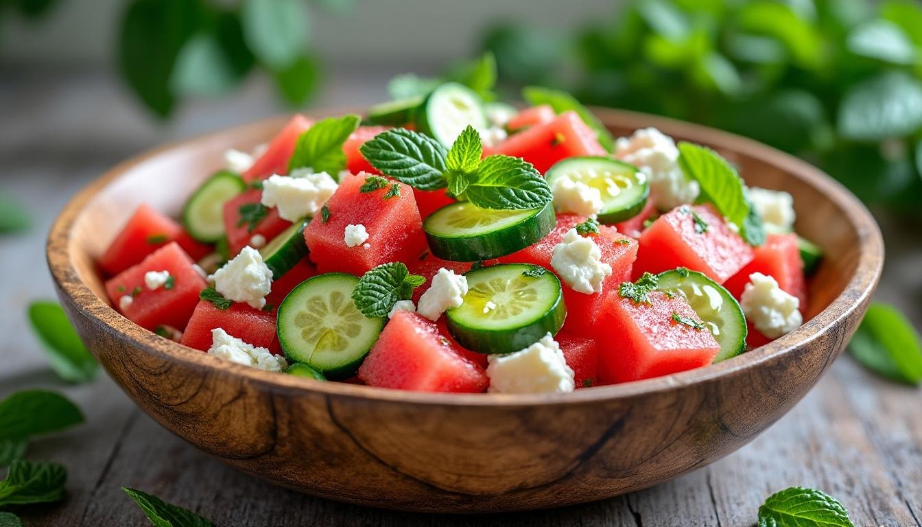 découvrez une délicieuse salade fraîche alliant le croquant du concombre, la douceur de la pastèque et le goût savoureux de la feta. parfaite pour vos repas d'été !