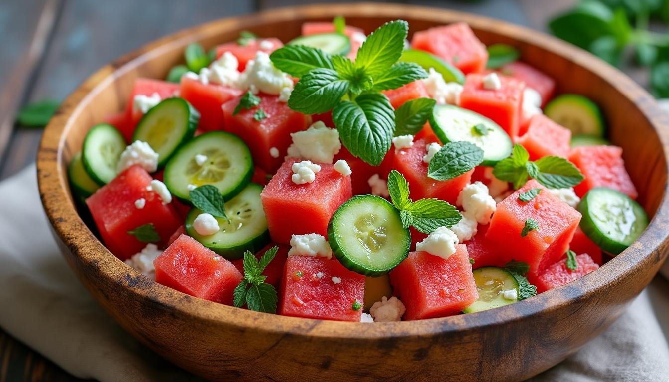 découvrez une délicieuse salade de concombre, pastèque et feta, alliant fraîcheur et saveurs estivales. parfaite pour vos repas légers ou vos pique-niques, cette recette facile à préparer ravira vos papilles avec ses textures croquantes et sa touche de fromage crémeux.