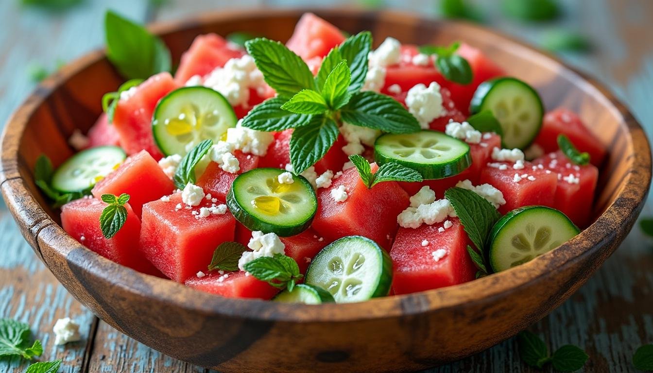 découvrez une salade rafraîchissante alliant le croquant du concombre, la douceur juteuse de la pastèque et le goût crémeux de la feta. idéale pour les chaudes journées d'été, cette recette légère et colorée saura égayer vos repas et ravir vos invités.