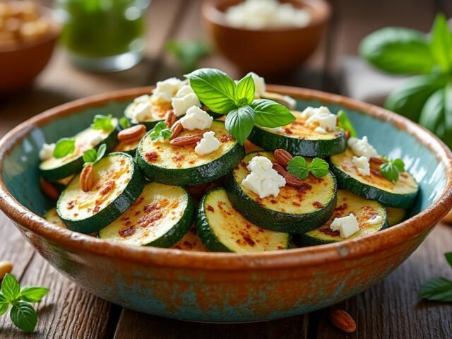 Salade de courgettes rôties, feta et pignons