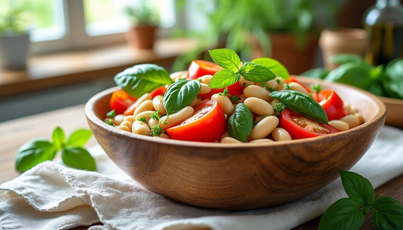découvrez cette savoureuse salade de haricots blancs, agrémentée de tomates fraßches et de basilic. une recette simple, saine et pleine de saveurs, idéale pour un repas léger ou en accompagnement.