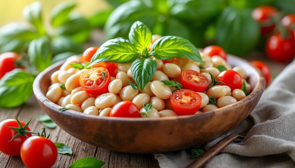 découvrez une délicieuse salade de haricots blancs, tomates et basilic, une recette fraîche et savoureuse, idéale pour un repas léger et équilibré cet été.