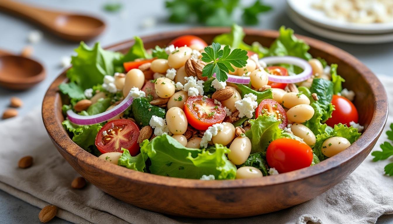 découvrez une salade fraßche et savoureuse à base de haricots blancs, tomates juteuses et basilic parfumé. parfaite pour une entrée légÚre ou un accompagnement estival rapide à préparer.