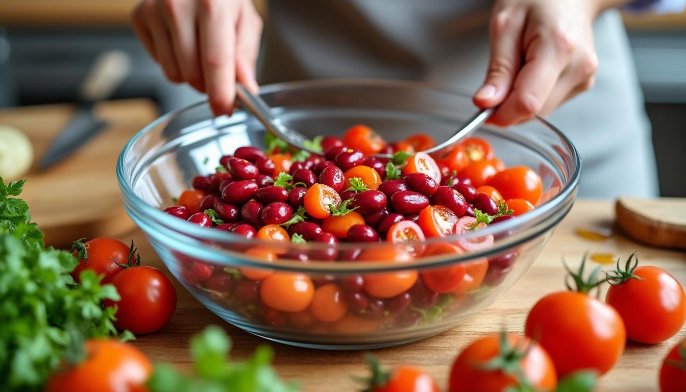 découvrez une savoureuse salade de haricots rouges, avocat et tomates, parfaite pour un repas rafraîchissant et nutritif. cette recette colorée allie protéines, bonnes graisses et une explosion de saveurs, idéale pour vos déjeuners d'été ou vos dîners légers.