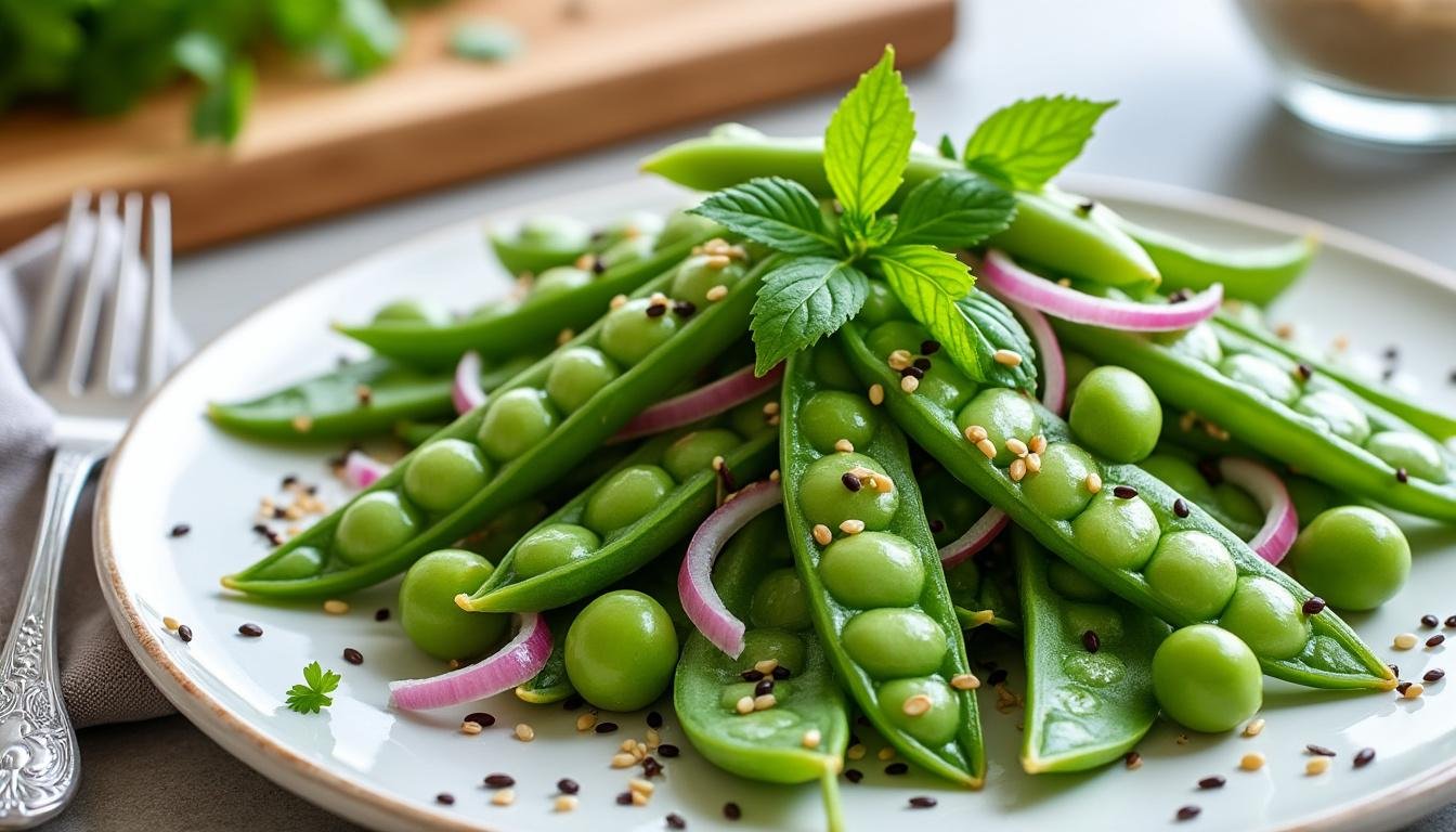 découvrez une recette fraîche et gourmande : la salade de pois gourmands accompagnée d'une délicieuse sauce sésame. idéale pour une entrée légère ou un repas estival sain et savoureux !