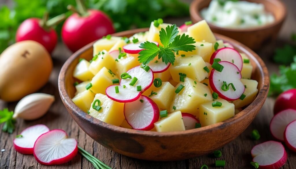 découvrez une délicieuse salade de pommes de terre agrémentée de radis croquants et d'une onctueuse crème d'ail. parfaite pour un repas léger ou en accompagnement, cette recette savoureuse apporte fraîcheur et réconfort à vos tables.
