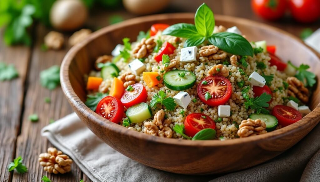 découvrez notre délicieuse salade de quinoa agrémentée de noix croquantes et de roquefort savoureux. un plat sain et gourmet, parfait pour vos repas légers ou en accompagnement. succombez à cette alliance de textures et de saveurs pour un moment culinaire inoubliable !