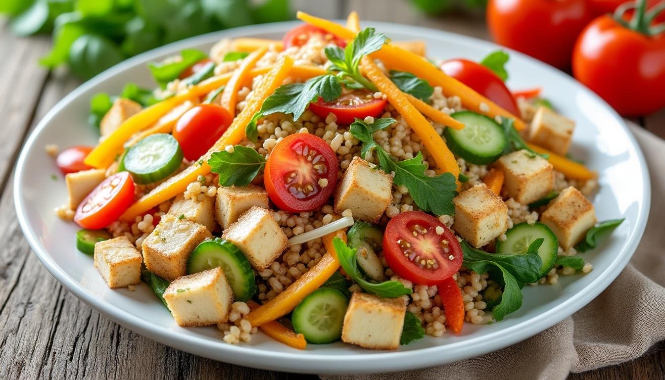 découvrez une salade de riz complet agrémentée de tofu fumé et de légumes croquants, idéale pour un repas sain, équilibré et savoureux. parfaite pour un déjeuner léger ou un dîner rapide !