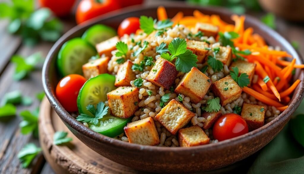 découvrez notre recette saine de salade de riz complet, délicieusement accompagnée de tofu fumé et de légumes frais. une idée repas équilibrée, savoureuse et facile à préparer !