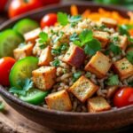 Salade de riz complet, tofu fumé et légumes