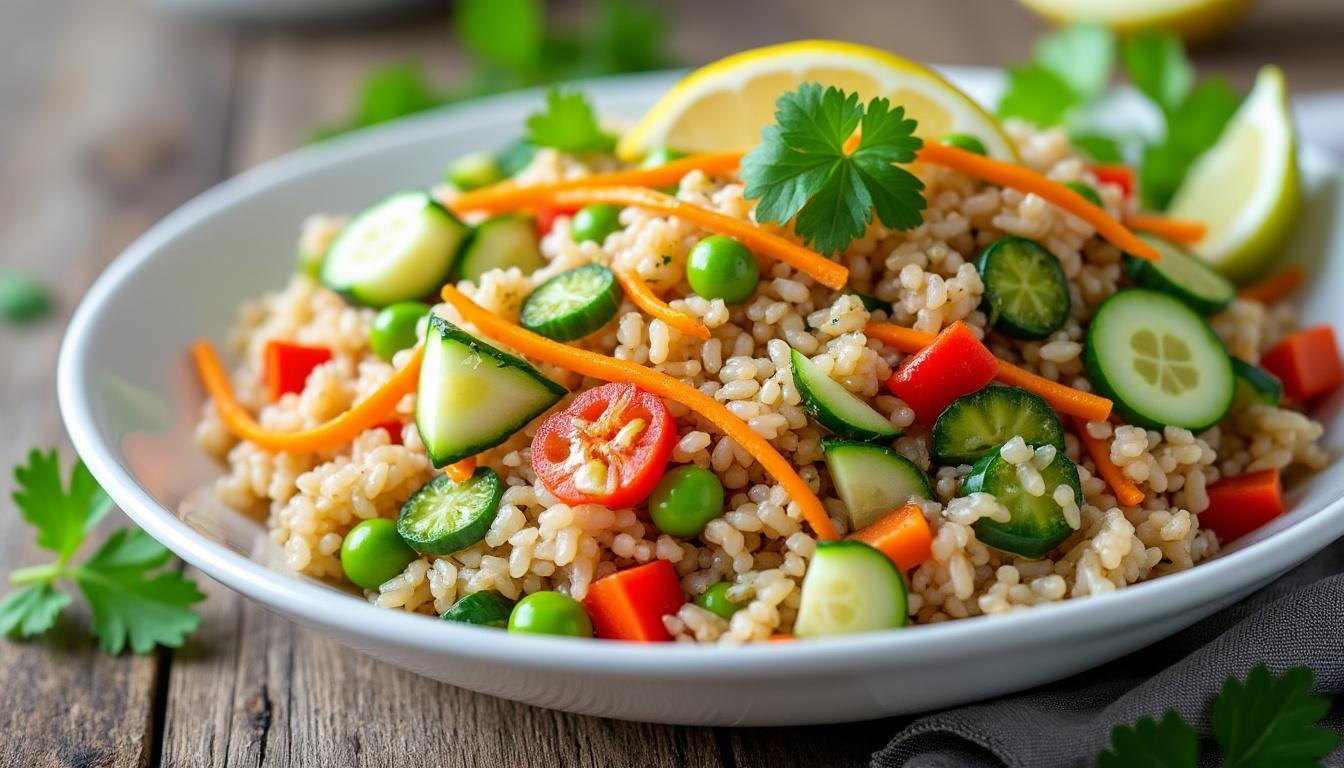 découvrez notre délicieuse salade de riz complet garnie de tofu fumé et de légumes croquants. un plat sain, équilibré et plein de saveurs, idéal pour un repas léger et végétarien.