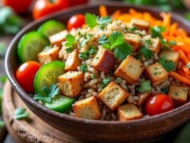 Salade de riz complet, tofu fumé et légumes