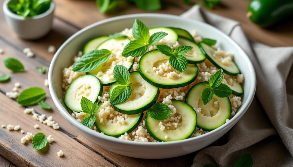 découvrez notre recette fraîche de salade de semoule, courgettes croquantes et menthe parfumée, idéale pour un repas léger et estival. facile à préparer, savourez ce plat plein de saveurs et de fraîcheur !