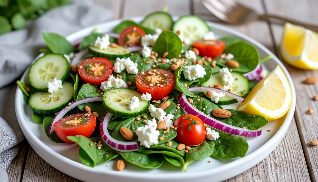 découvrez une salade d’épinards fraîche et gourmande, associant la douceur du fromage de chèvre et le croquant des baies de goji, pour un repas sain et plein de saveurs.