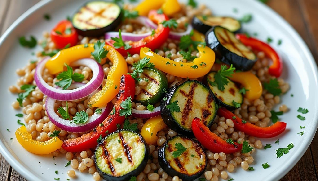 découvrez notre salade d’orge et légumes grillés : recette saine et savoureuse, riche en fibres, facile et rapide à préparer, parfaite pour un déjeuner léger.