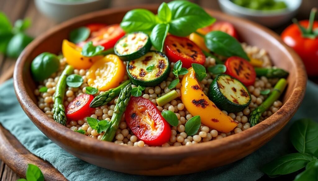 savourez une salade d’orge aux légumes grillés, riche en fibres et saveurs, facile à préparer, idéale pour un déjeuner sain et une cuisine estivale équilibrée.