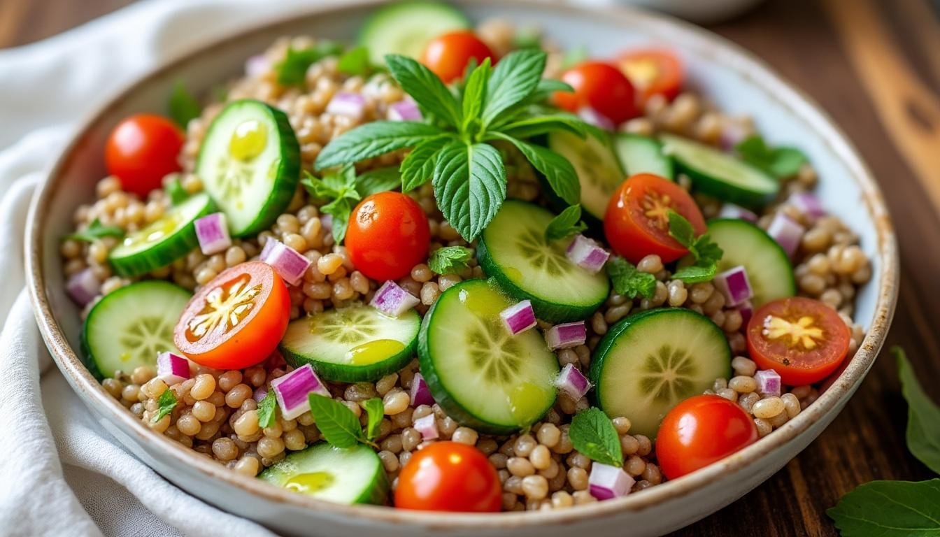 salade d’orge et légumes grillés : recette gourmande et riche en fibres, facile à préparer, idéale pour un repas léger avec vinaigrette citronnée.