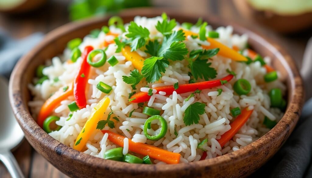découvrez notre délicieux sauté de riz à la noix de coco, accompagné de légumes croquants pour une explosion de saveurs exotiques et colorées, parfait pour un repas sain et gourmand.