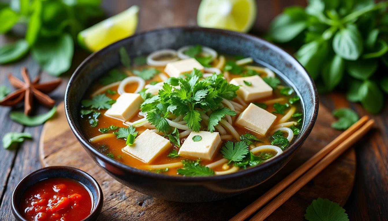 découvrez notre recette de soupe pho végétarienne au tofu, un plat vietnamien savoureux à base de bouillon parfumé, légumes frais et tofu tendre. parfait pour un repas sain et réconfortant !