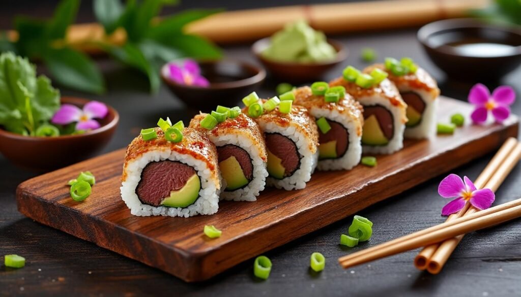 découvrez l'alliance audacieuse des saveurs avec nos sushis au magret de canard. une fusion franco-japonaise unique qui marie la tendreté du canard avec l'art culinaire du sushi. un régal pour les amateurs de cuisine inventive!