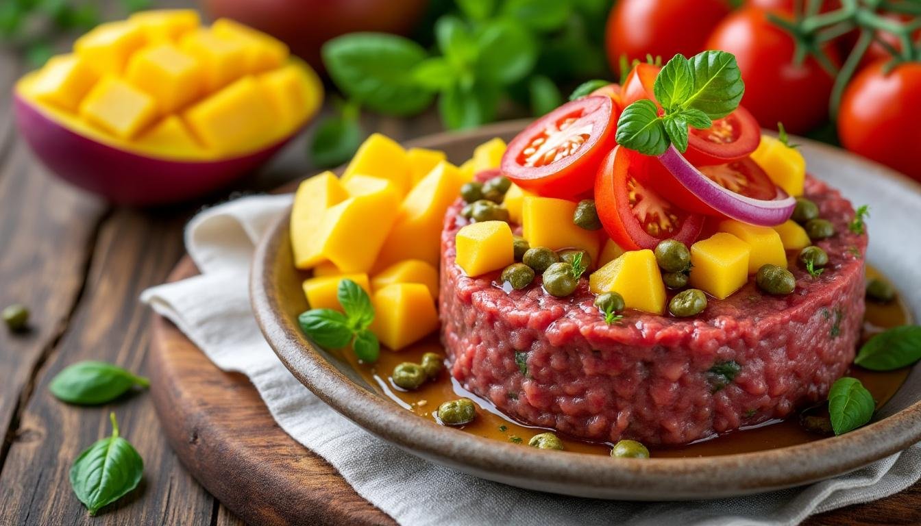 découvrez notre recette rafraîchissante de tartare de tomates à la mangue : une entrée colorée, légère et pleine de saveurs, idéale pour l'été ou pour surprendre vos invités avec une touche exotique.