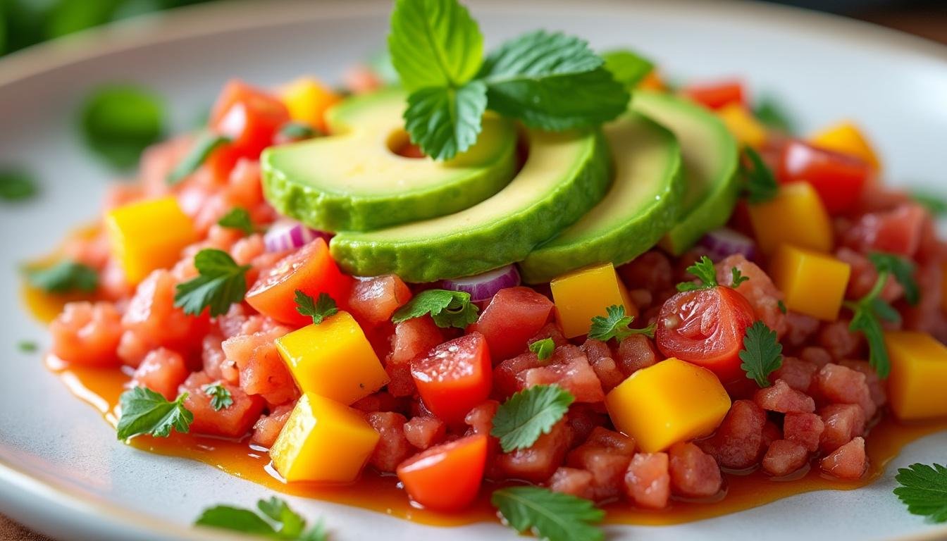 découvrez une recette fraîche et colorée de tartare de tomates à la mangue, idéale pour l'été. un mélange savoureux de douceur et d'acidité, parfait en entrée légère ou accompagnement gourmand.