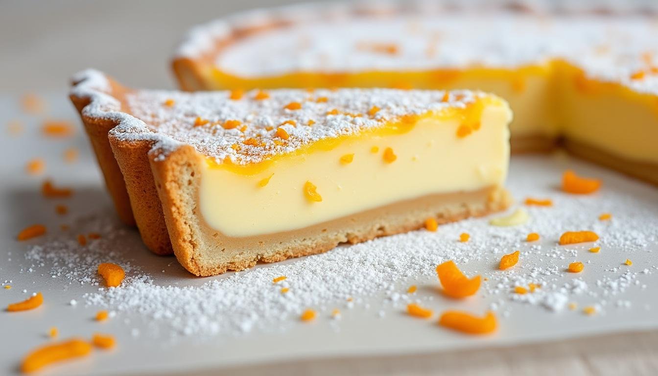 tarte au lait d’amande et zestes d’orange : pâtisserie légère et parfumée. recette facile et rapide pour un dessert frais et élégant.