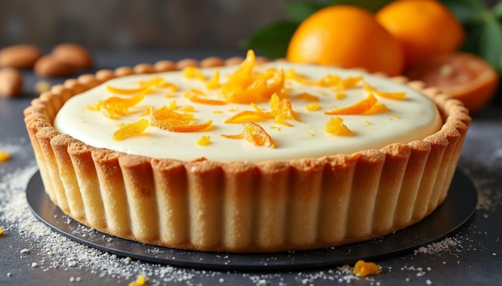 découvrez notre tarte au lait d’amande, parfumée aux zestes d’orange : pâte croustillante, crème onctueuse, dessert frais et gourmand prêt en quelques étapes.