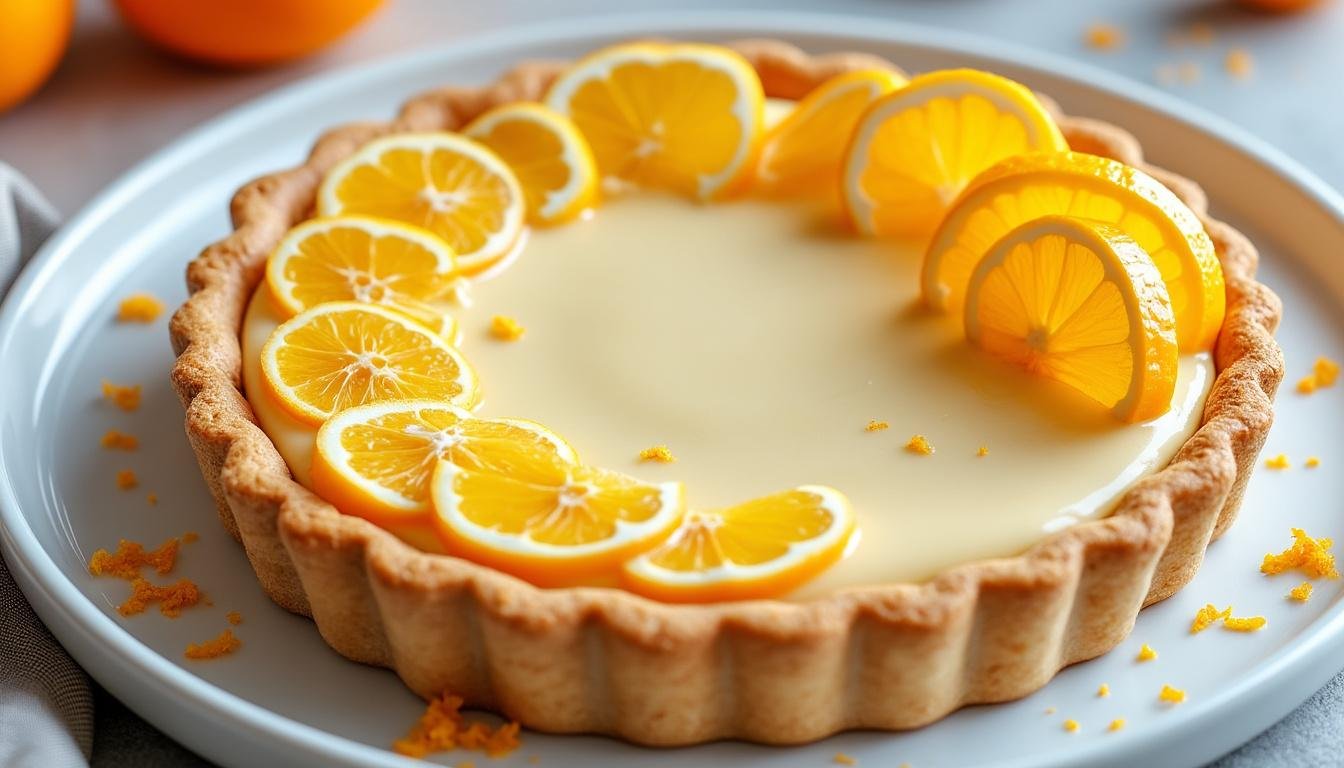 une tarte au lait d’amande aux zestes d’orange: pâte croustillante, crème onctueuse et parfum d’agrumes. recette facile, légère et sans lactose.
