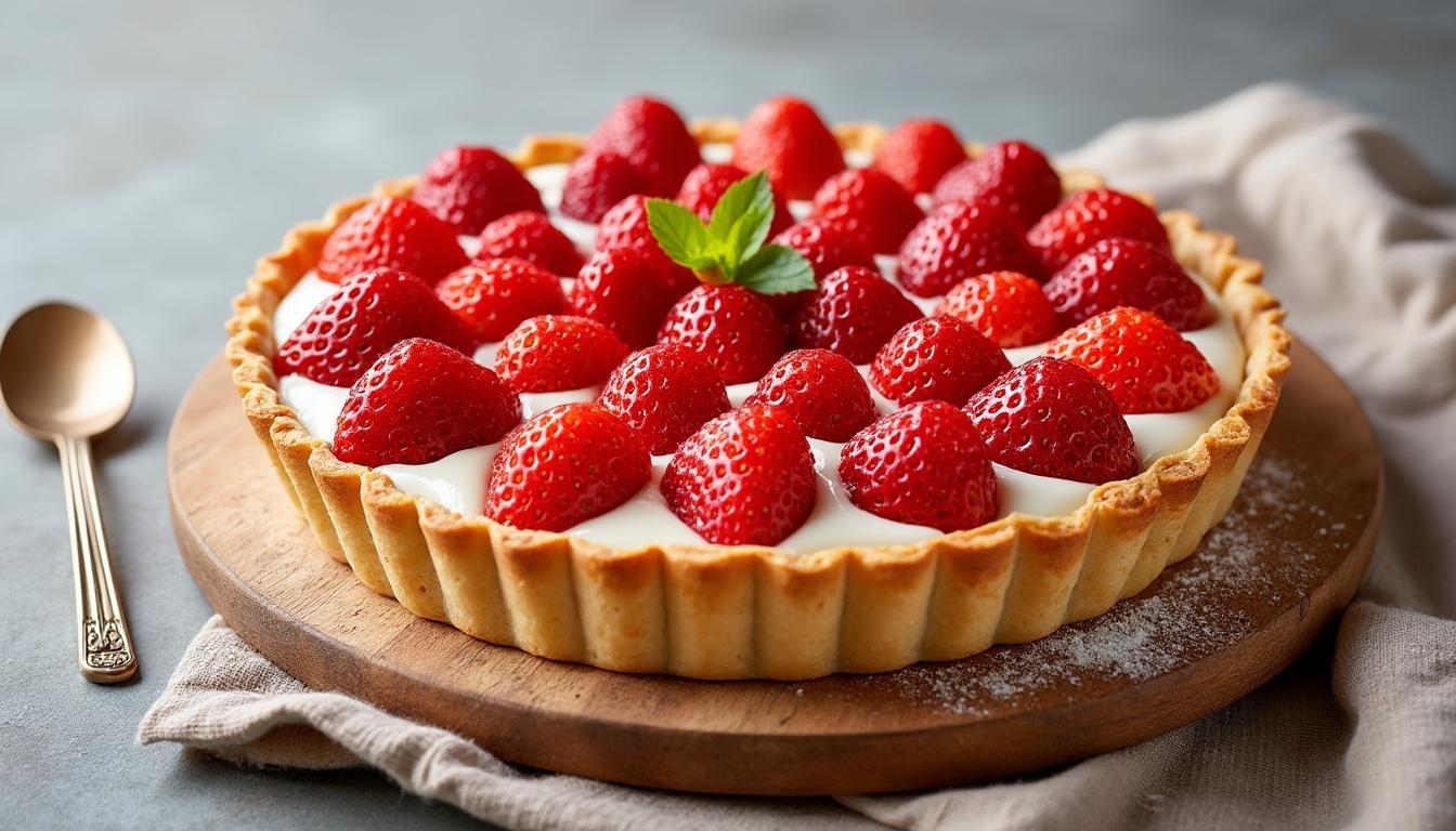 découvrez notre délicieuse tarte au yaourt et confiture de fraises, un dessert frais et crémeux qui allie la douceur du yaourt à la saveur intense des fraises. parfait pour toute occasion, cette tarte séduira vos invités et ravira vos papilles. préparez-vous à un moment gourmand inoubliable !