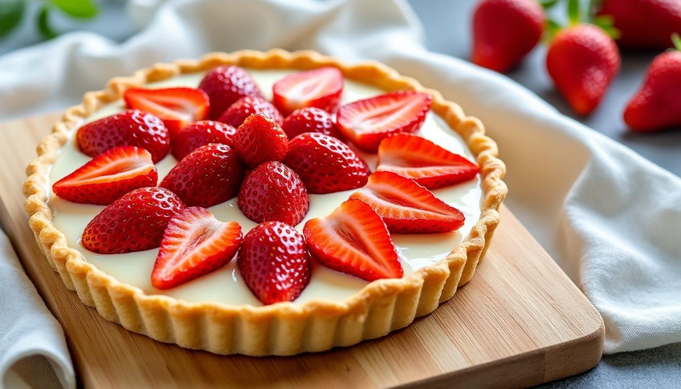 découvrez notre délicieuse tarte au yaourt, garnie d'une généreuse couche de confiture de fraises. un dessert frais et savoureux qui ravira vos papilles et égayera vos repas en famille ou entre amis.