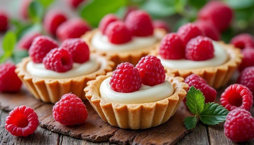 découvrez ces délicieuses tartelettes aux framboises et crème pâtissière, un dessert fruité et crémeux qui ravira vos papilles. parfaites pour une occasion spéciale ou simplement pour se faire plaisir, ces petites merveilles allient croustillant et fraîcheur à chaque bouchée.