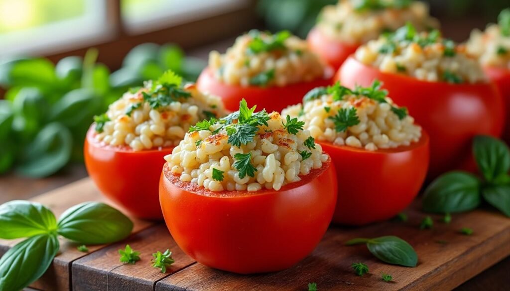 découvrez une recette savoureuse de tomates farcies au riz et aux herbes, alliant fraîcheur et délices. parfaite pour un repas équilibré, cette spécialité méditerranéenne régalera toute la famille avec ses saveurs authentiques et son allure colorée.