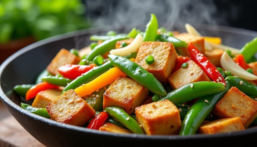 découvrez notre recette savoureuse de wok de tofu et pois gourmands relevée au gingembre : un plat sain, rapide et parfumé, idéal pour un repas végétarien équilibré et plein de fraîcheur !