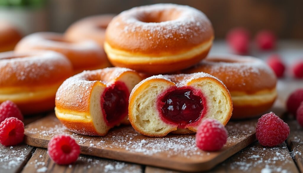 savourez nos délicieux beignets moelleux garnis d’une confiture de framboise onctueuse. parfaits pour le goûter ou le petit-déjeuner, ils raviront petits et grands gourmands !